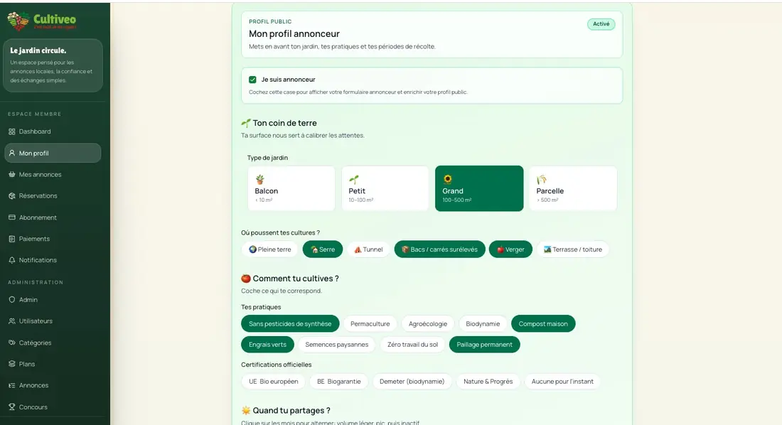 Cultiveo, profil du jardinier dans l'application web