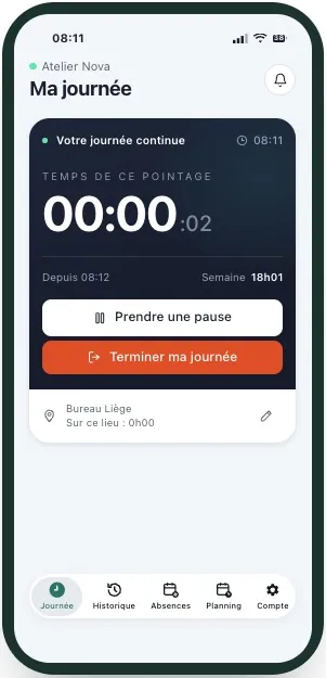 App mobile Tictaf, journée en cours et boutons pause et fin de journée