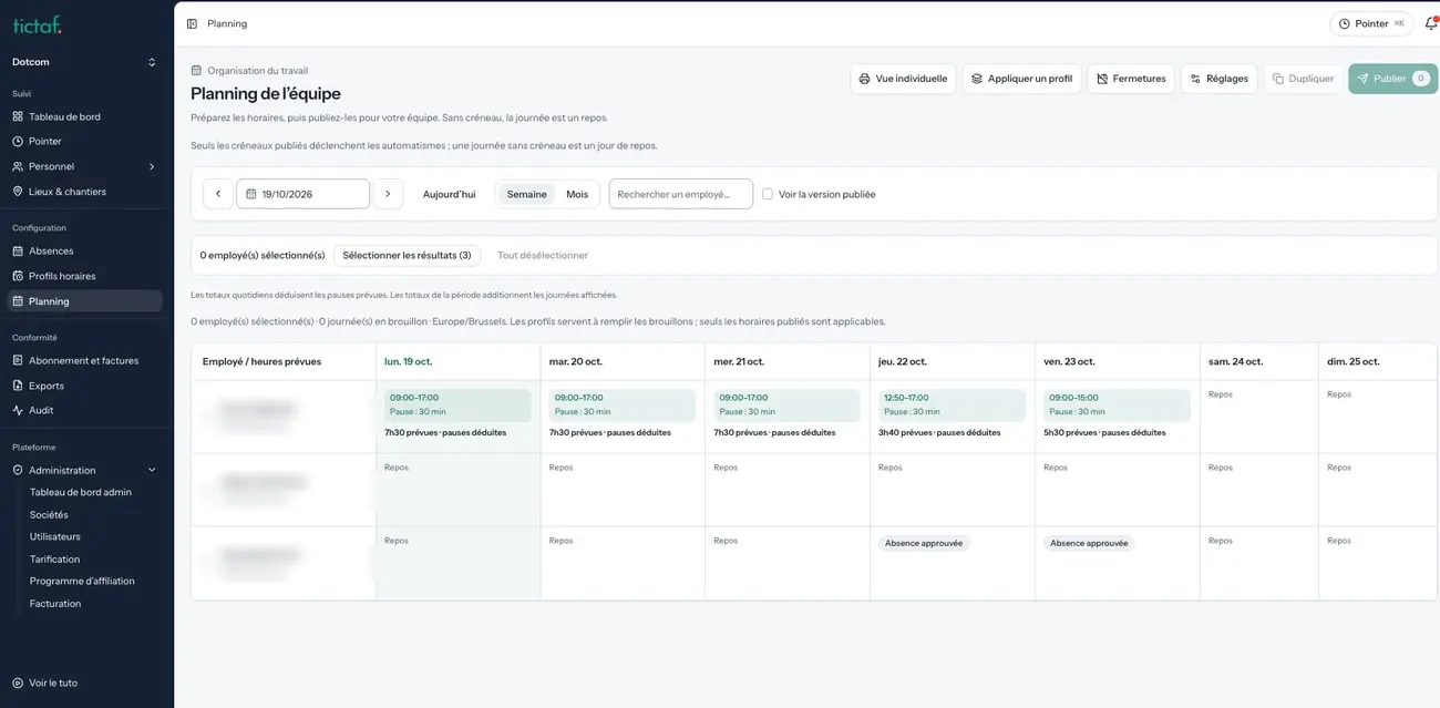 Application web Tictaf, planning